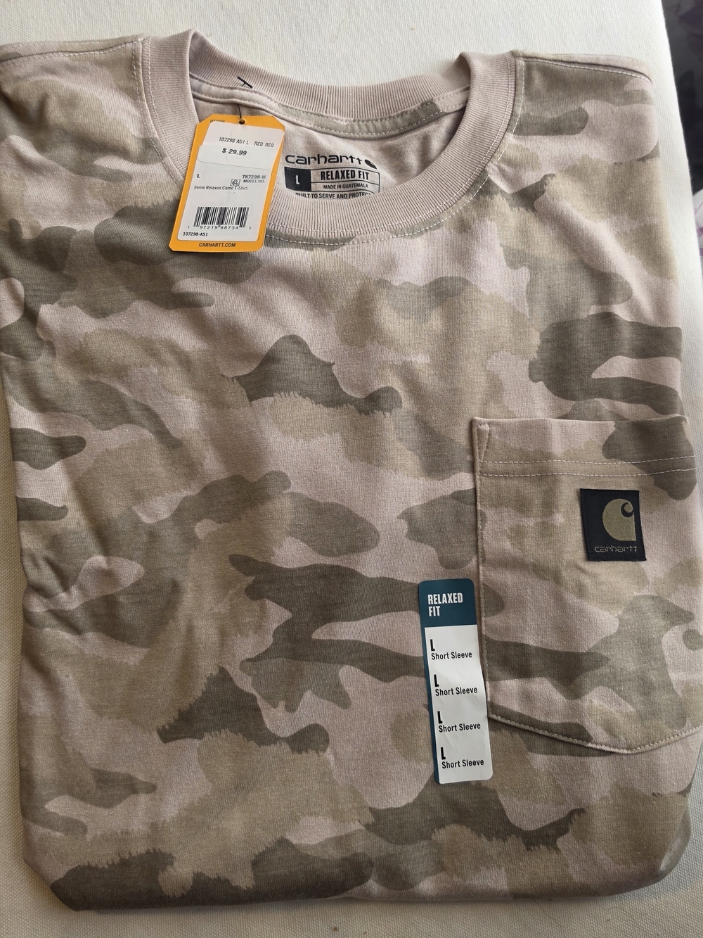 Carhartt Woen’s Relaxed Fit Camo Pocket Tee in Tan and Green